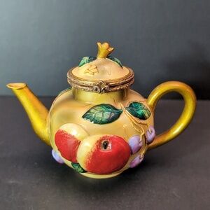 Vintage Nini Royal Worcester Mini Teapot Trinket Box ,Gold with Fruit Design.